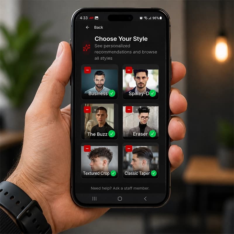 A hand holding a phone showing the ChairSlot AI hairstyle preview screen with recommended cuts to choose from