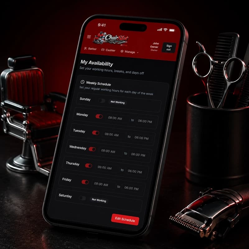 A barber checking today's schedule and earnings in the ChairSlot mobile app