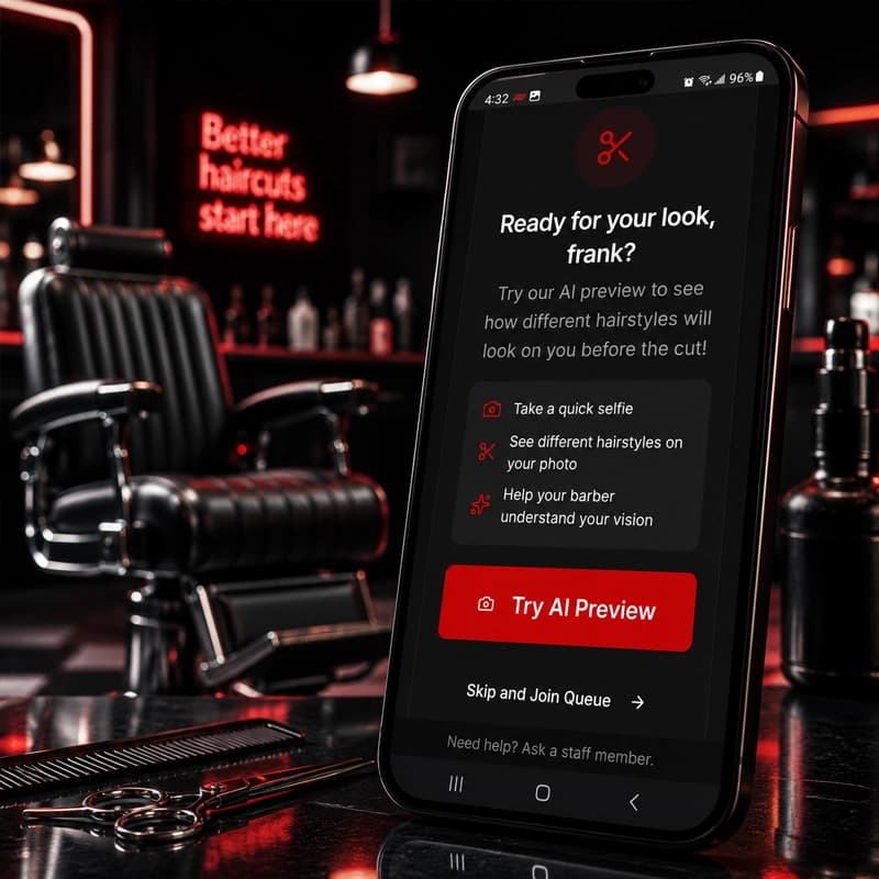 The ChairSlot app open on a phone in a barbershop, ready for a client to get started
