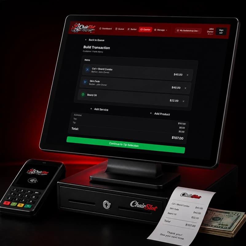 ChairSlot point-of-sale checkout taking a split card-and-cash payment with a tip