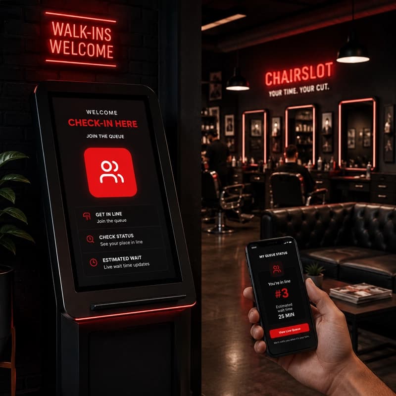 A ChairSlot self check-in kiosk in a barbershop next to a phone showing place in line and estimated wait time